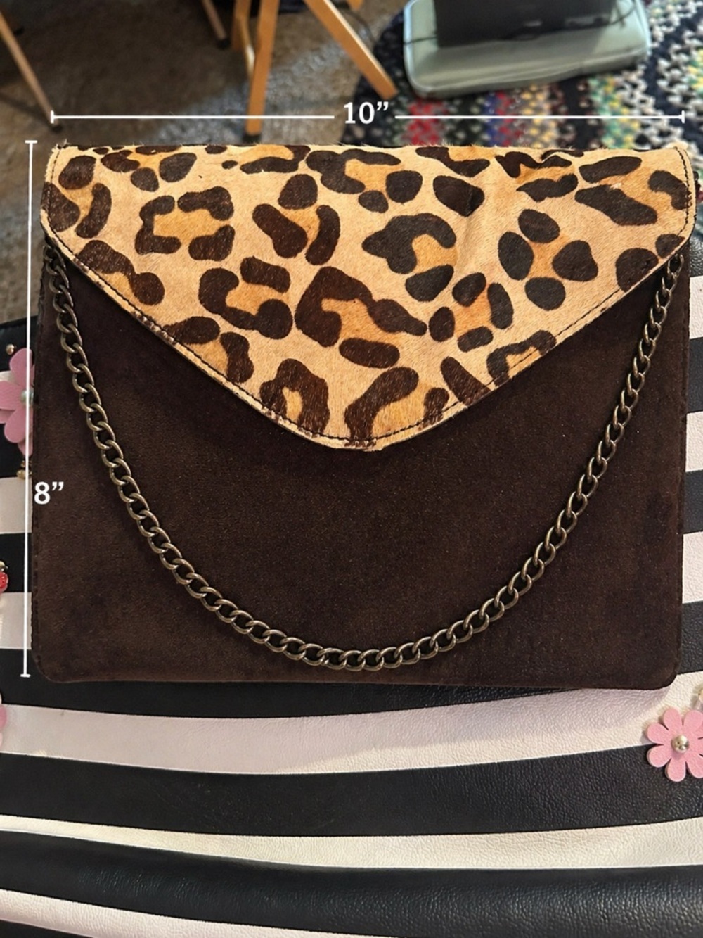 J.Crew 100% Leather Leopard Haircalf Crossbody Purse Chain Strap Brown Flap Bag